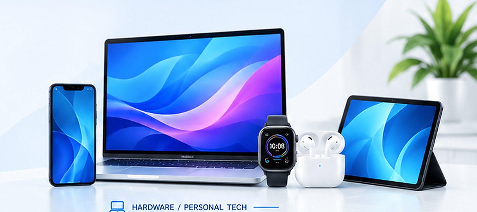 Laptop, smartphone, tablet, smart watch and wireless earbuds